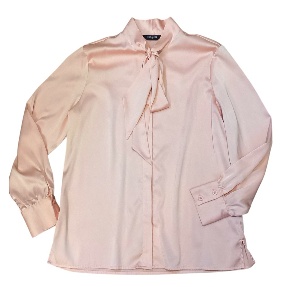 Escalier Pale Pink Tie Neck Long Sleeve Silky Blouse Size Medium - Picture 13 of 13
